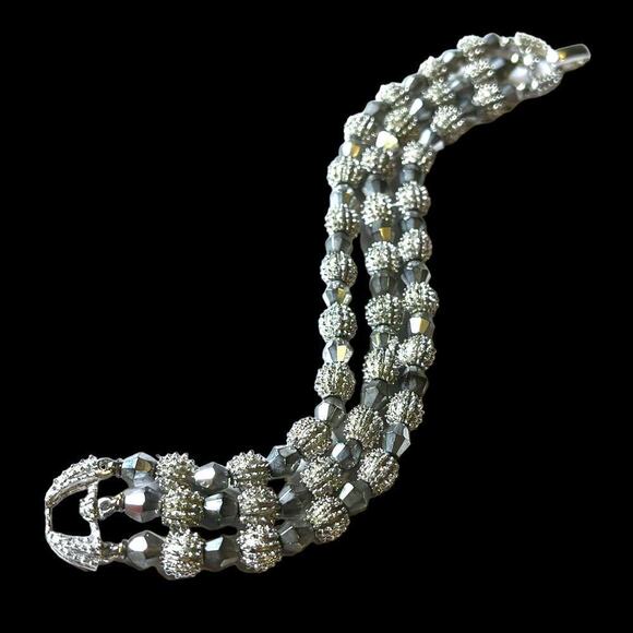 VTG 60s Crown Trifari Silver Tone Textured Metal Bead Choker Bracelet Boxed Set - Picture 3 of 14